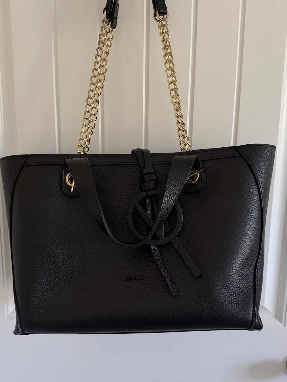 Valentino Black Pebbled Leather Tote with Gold Chain Handles